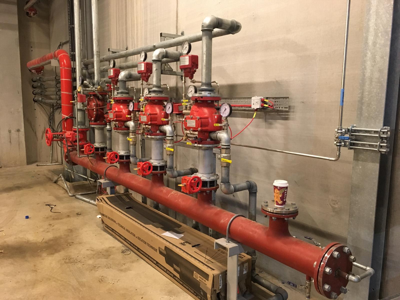 Valve station and gauges on fire main pipework